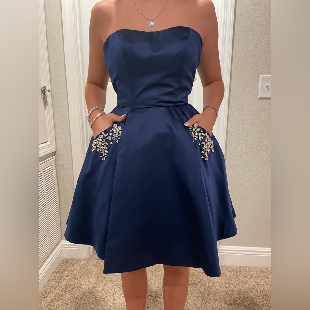 Sherri Hill size 2 navy blue with rhinestones on pockets!  Yes I said POCKETS!